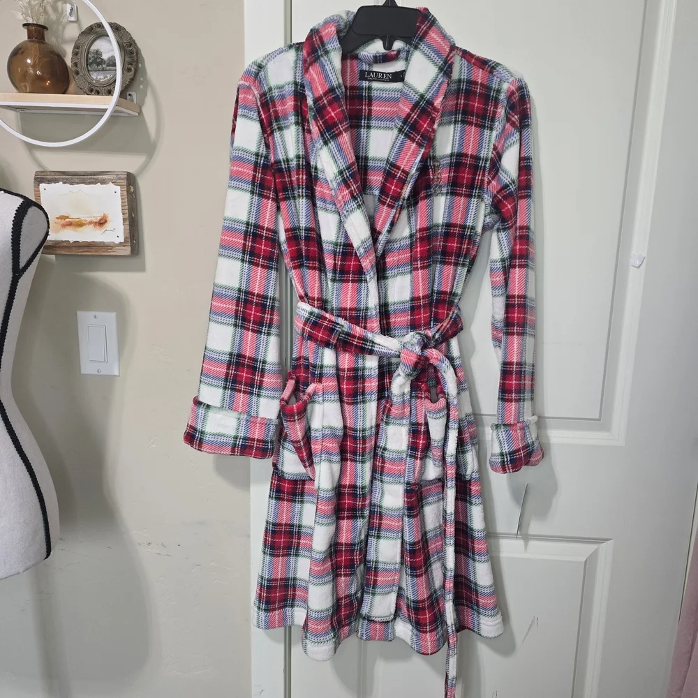 NWT Lauren Ralph Lauren Ivory Plaid Plush Bath Robe Size Small Cozy Warm Lounge